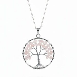 Pink Rose Quartz Tree of Life Pendant‎ Necklace Silver Wire Wrapped Jewelry